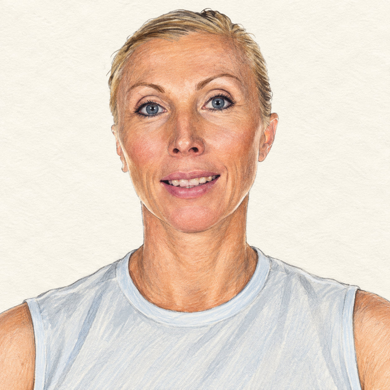 AI-generated pencil-and-ink drawing of Irina Kirillova, based on a credited source photograph