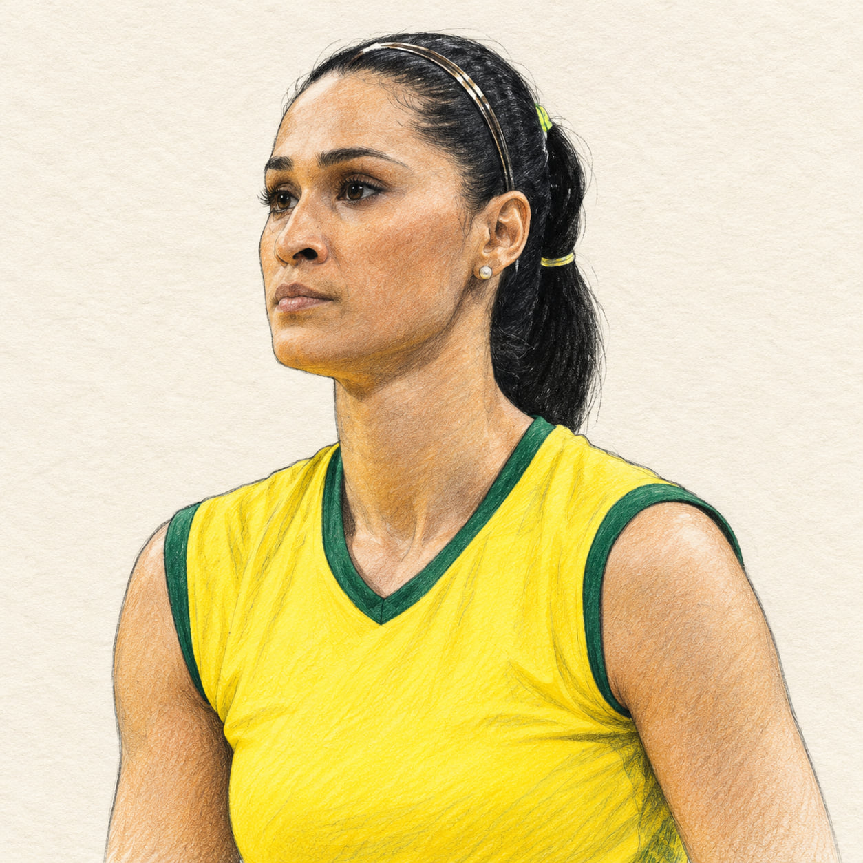 AI-generated pencil-and-ink drawing of Jaqueline Carvalho, based on a credited source photograph