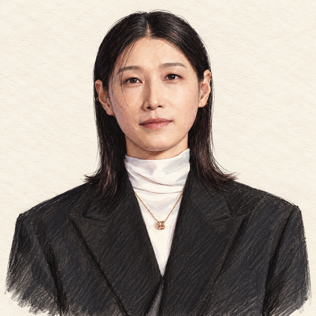 AI-generated pencil-and-ink drawing of Kim Yeon-koung, based on a credited source photograph