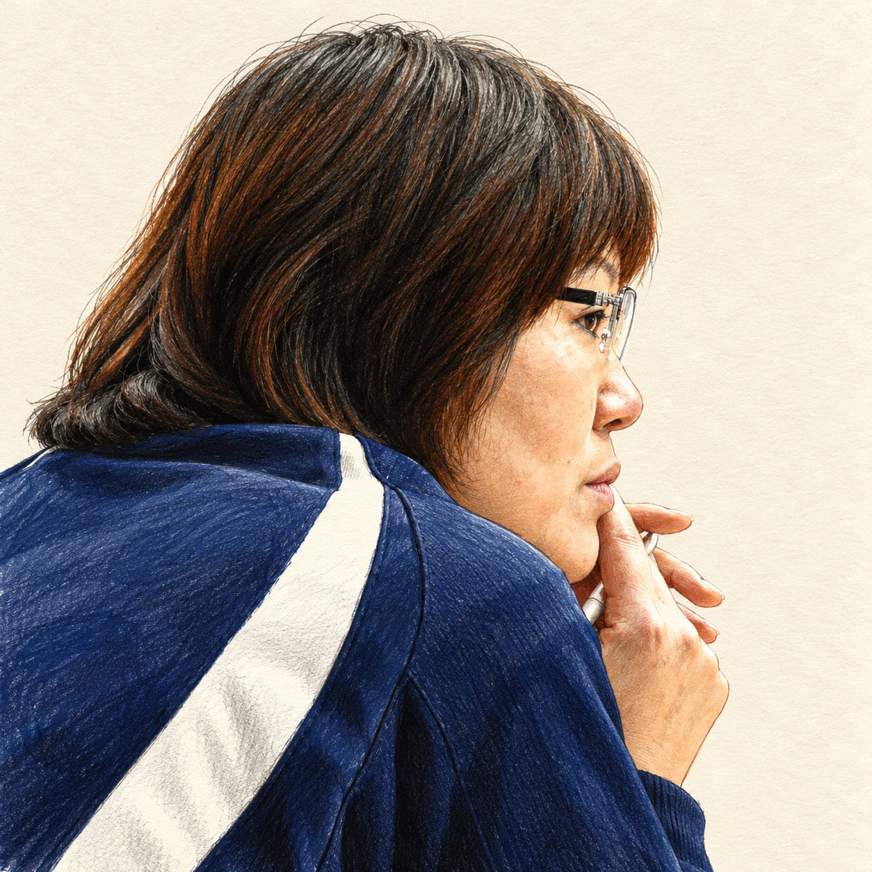 AI-generated pencil-and-ink drawing of Lang Ping, based on a credited source photograph