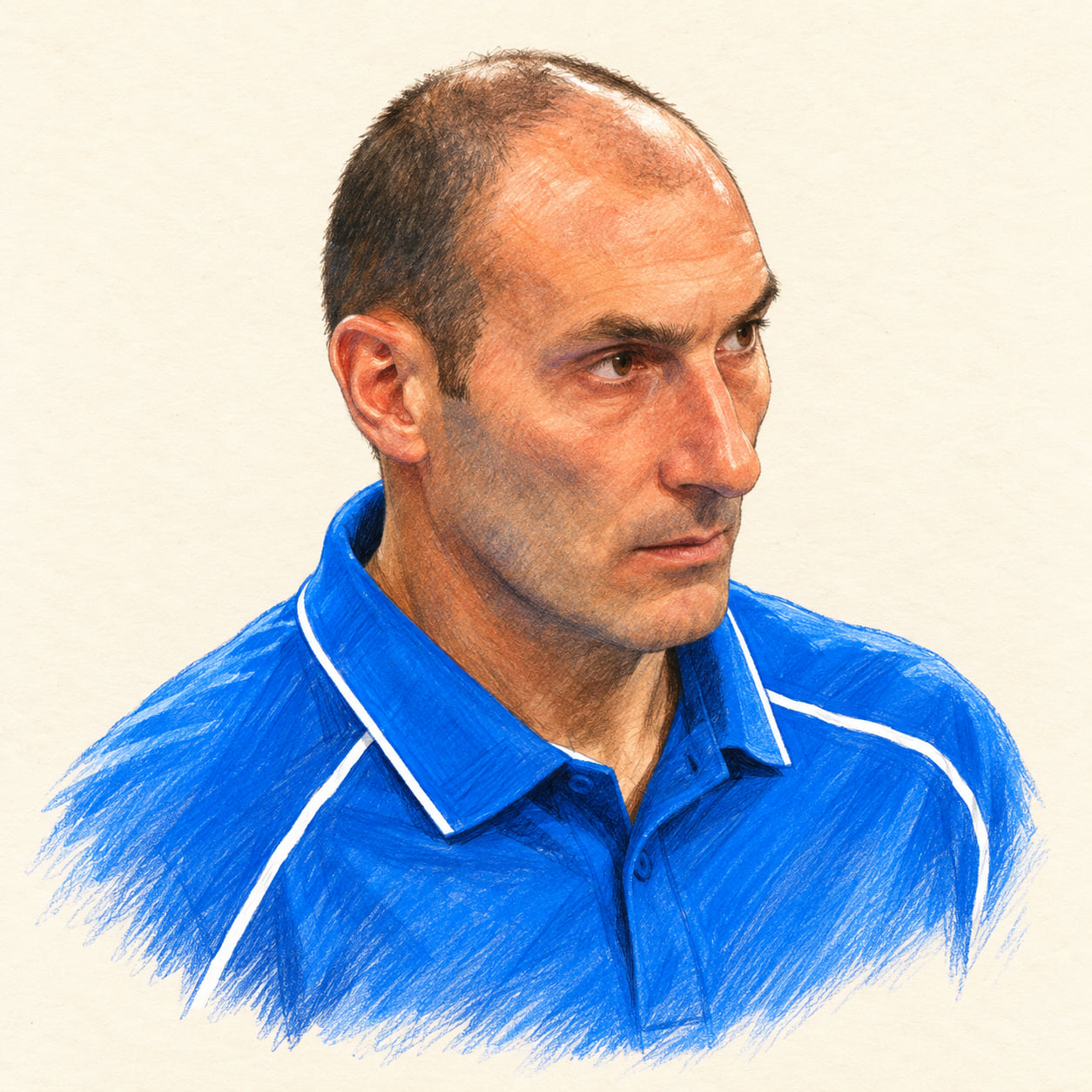 AI-generated pencil-and-ink drawing of Marco Bracci, based on a credited source photograph
