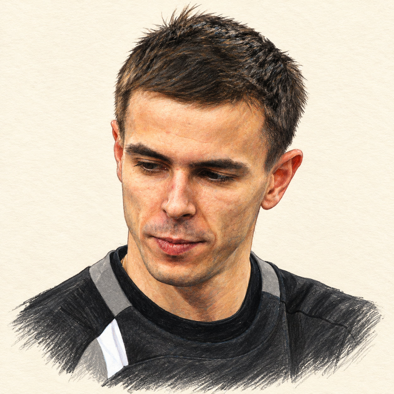 AI-generated pencil-and-ink drawing of Mariusz Wlazły, based on a credited source photograph