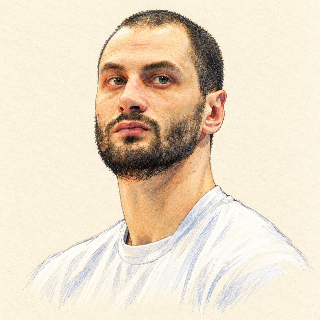 AI-generated pencil-and-ink drawing of Matey Kaziyski, based on a credited source photograph