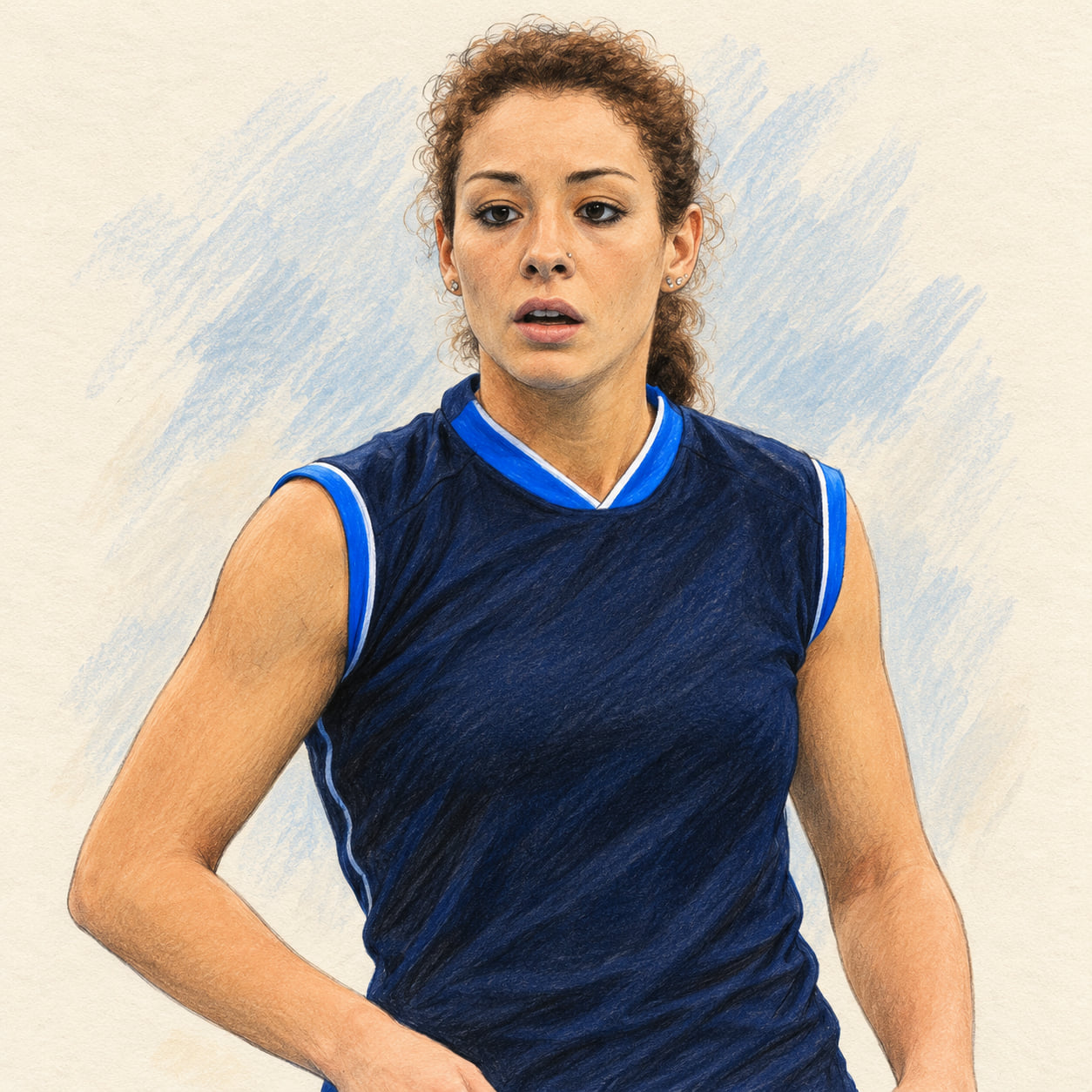 AI-generated pencil-and-ink drawing of Monica De Gennaro, based on a credited source photograph
