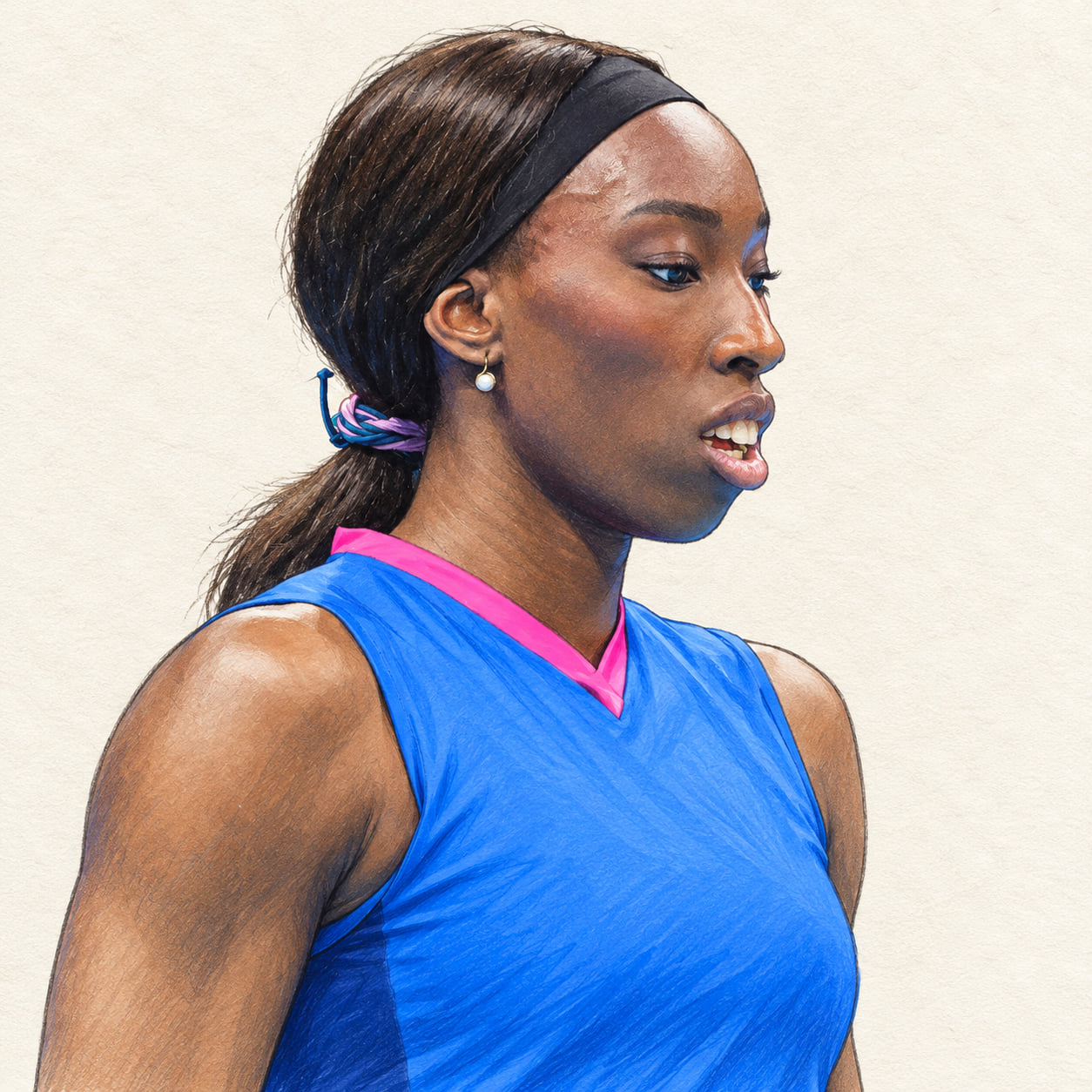 AI-generated pencil-and-ink drawing of Paola Egonu, based on a credited source photograph