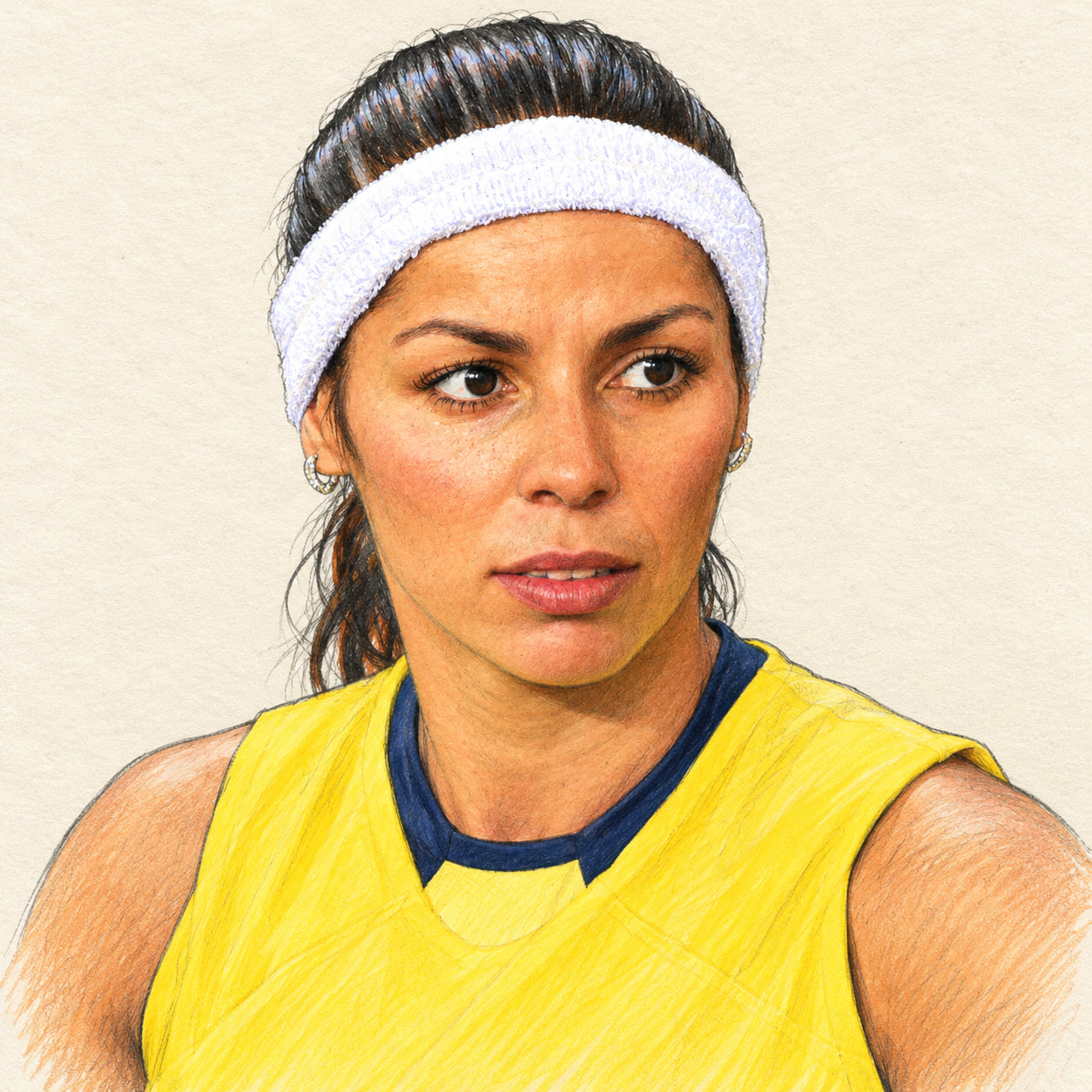 AI-generated pencil-and-ink drawing of Paula Pequeno, based on a credited source photograph