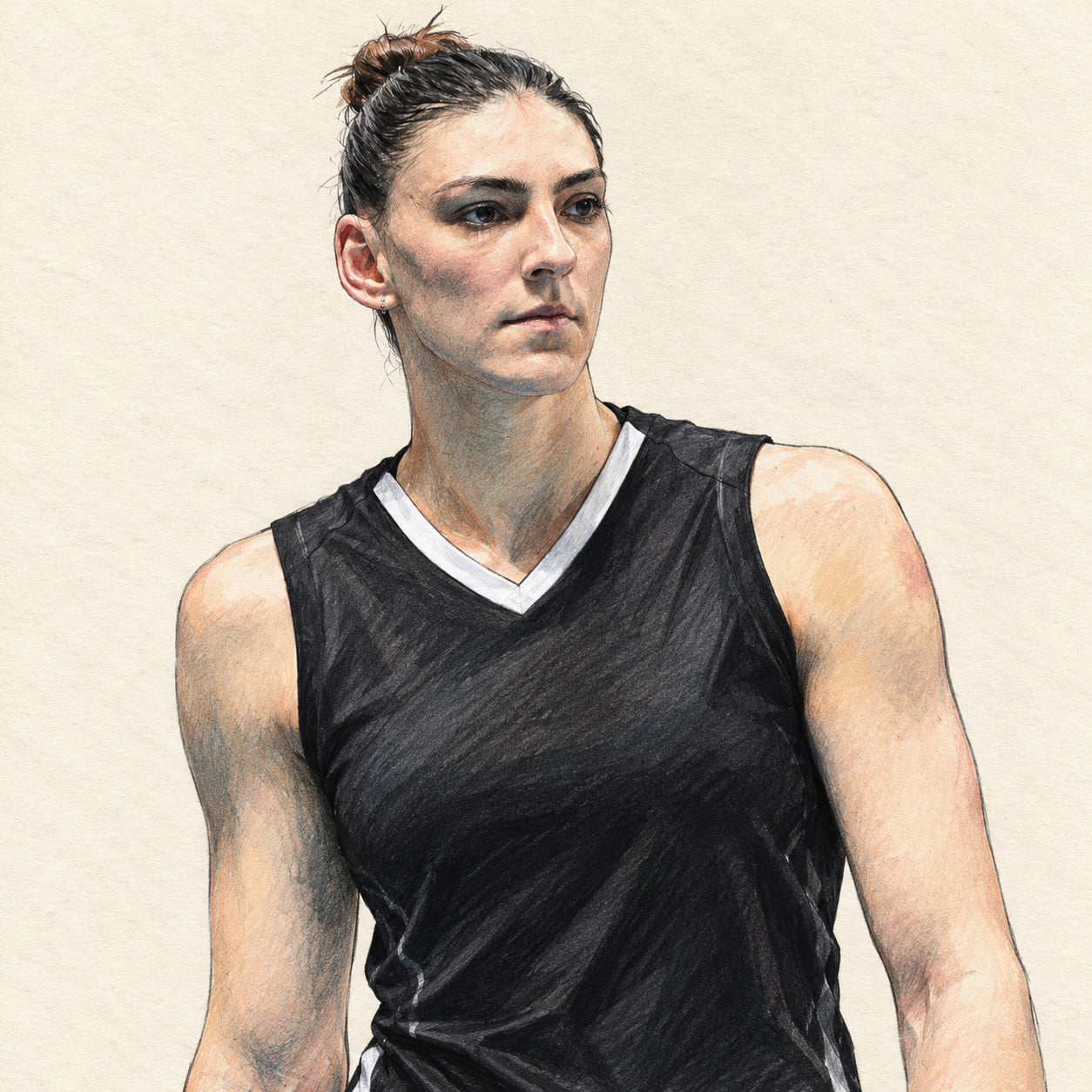 AI-generated pencil-and-ink drawing of Tijana Bošković, based on a credited source photograph