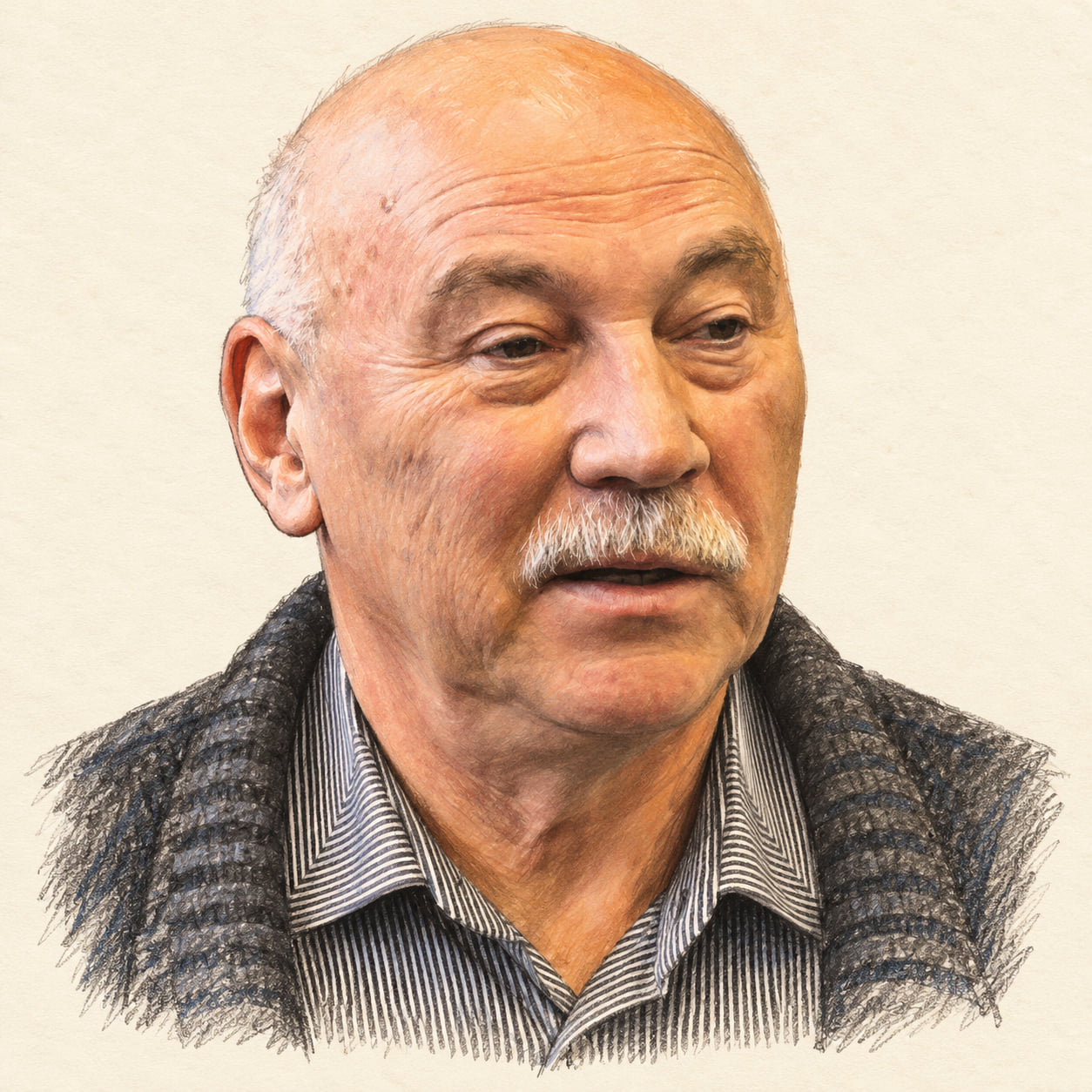 AI-generated pencil-and-ink drawing of Vyacheslav Zaytsev, based on a credited source photograph