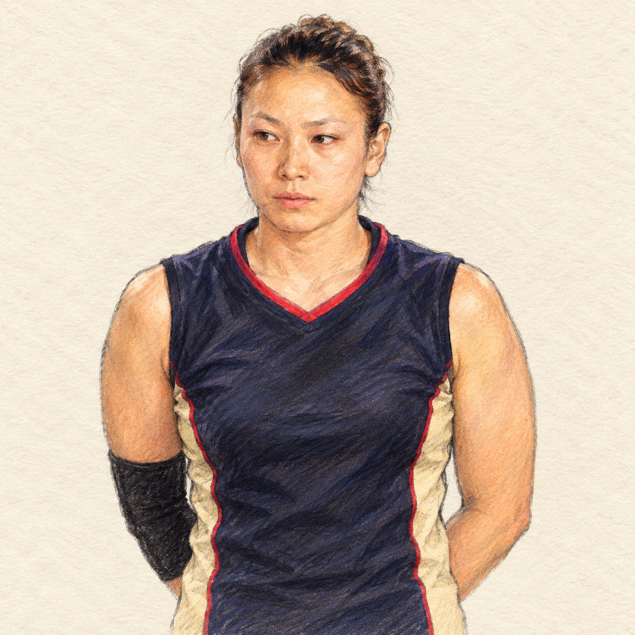 AI-generated pencil-and-ink drawing of Yoshie Takeshita, based on a credited source photograph