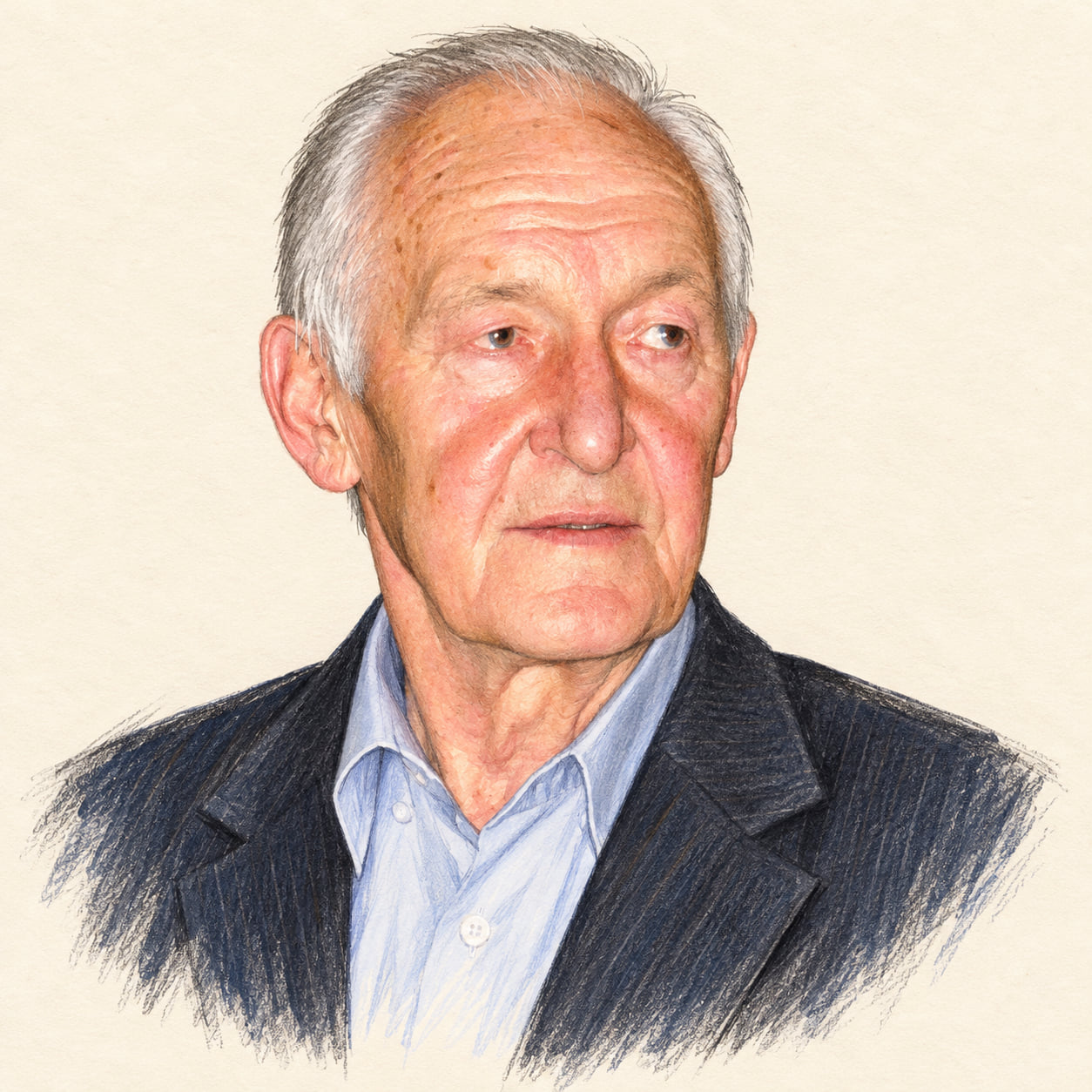 AI-generated pencil-and-ink drawing of Yuri Poyarkov, based on a credited source photograph